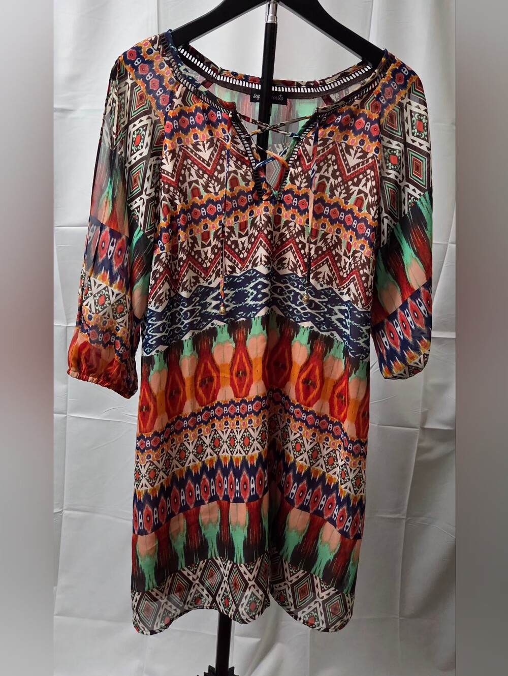 Sequin Hearts Boho Aztec Ikat Print Lace Up Sheer Mini Dress Size M